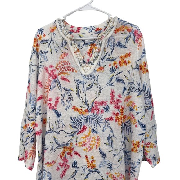 Chicos SZ 3 US XL Womens Nautical Floral Linen Tunic Top With Embellished Collar - Picture 14 of 16